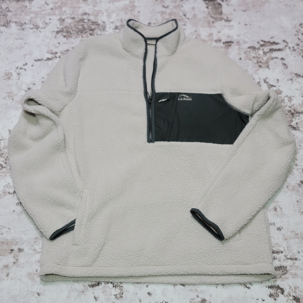 L.L.Bean Mens Large Tall Sherpa Fleece 1/4 Zip Pullover Cream Recycled Polyester